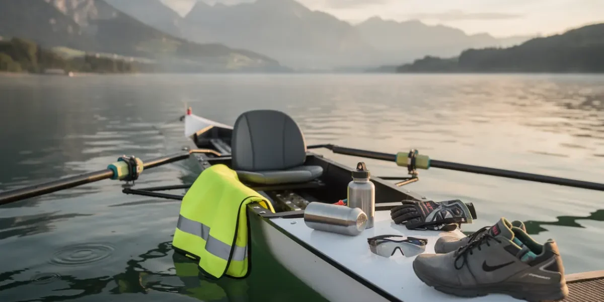 Rameur sur rivière Rhône-Alpes avec accessoires aviron
