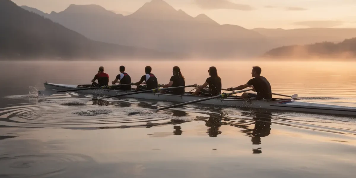 groupe rameurs aviron rhone alpes lever soleil montagne