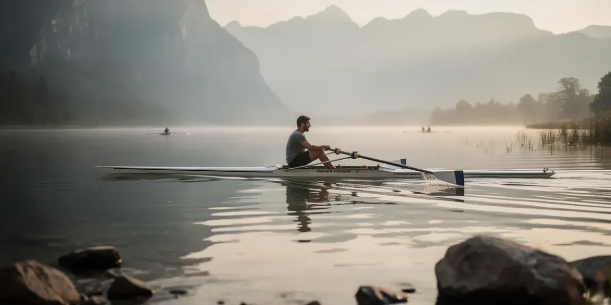 Rameur sur lac entouré de montagnes au lever du jour
