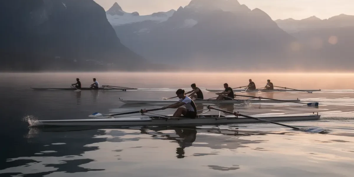 Rameurs sur lac Rhône-Alpes à l'aube aviron montagnes