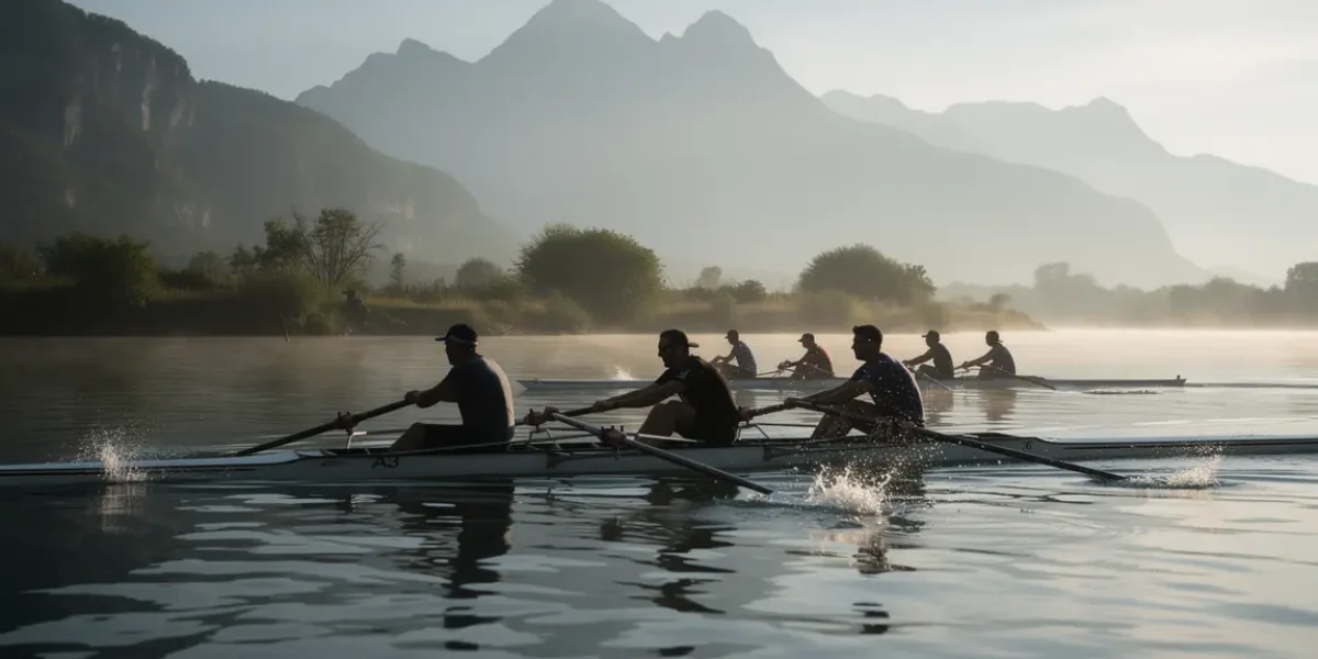 Rameurs aviron Rhône-Alpes synchronisation sur plan d'eau