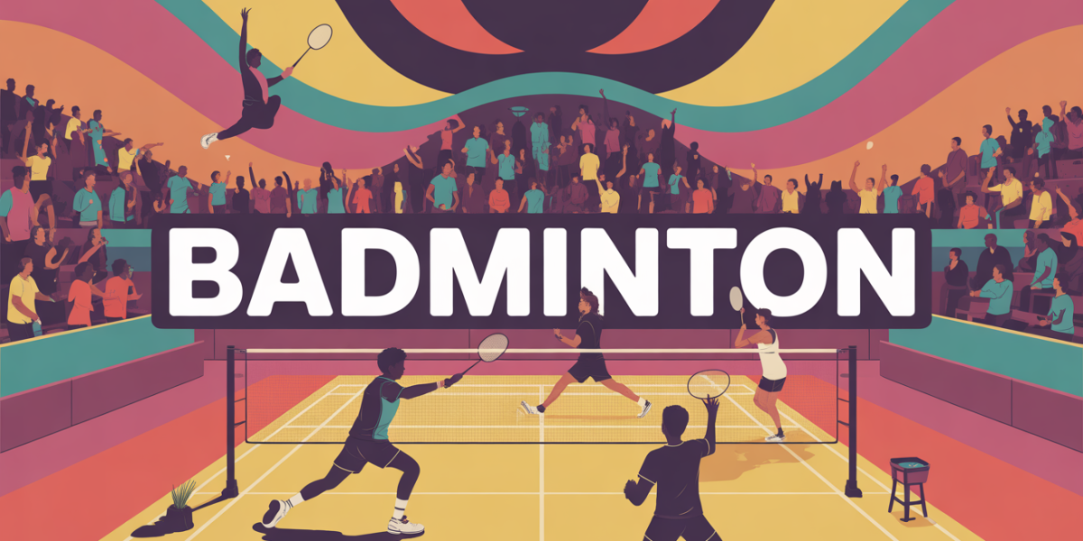 terrain de badminton en competition avec raquette et volant en action