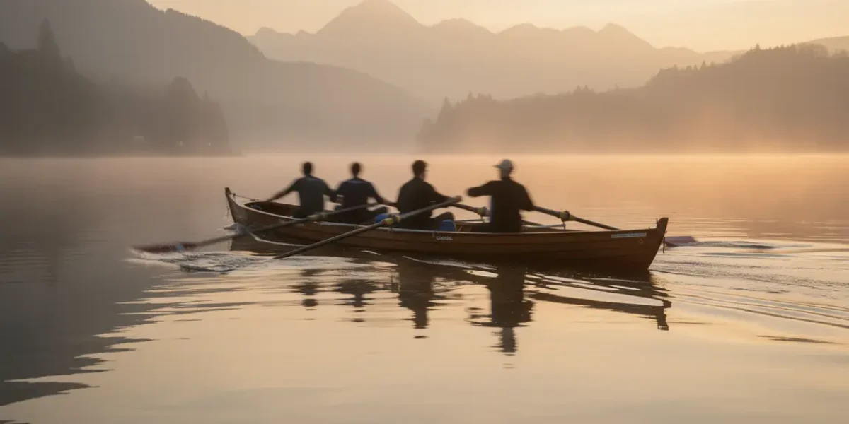 Bateau aviron sur lac au lever du soleil en Rhône-Alpes