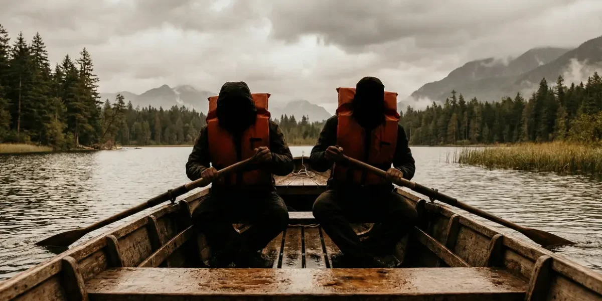 Sécurité bateau à fond plat sur lac Rhône-Alpes, rameurs avec gilets.