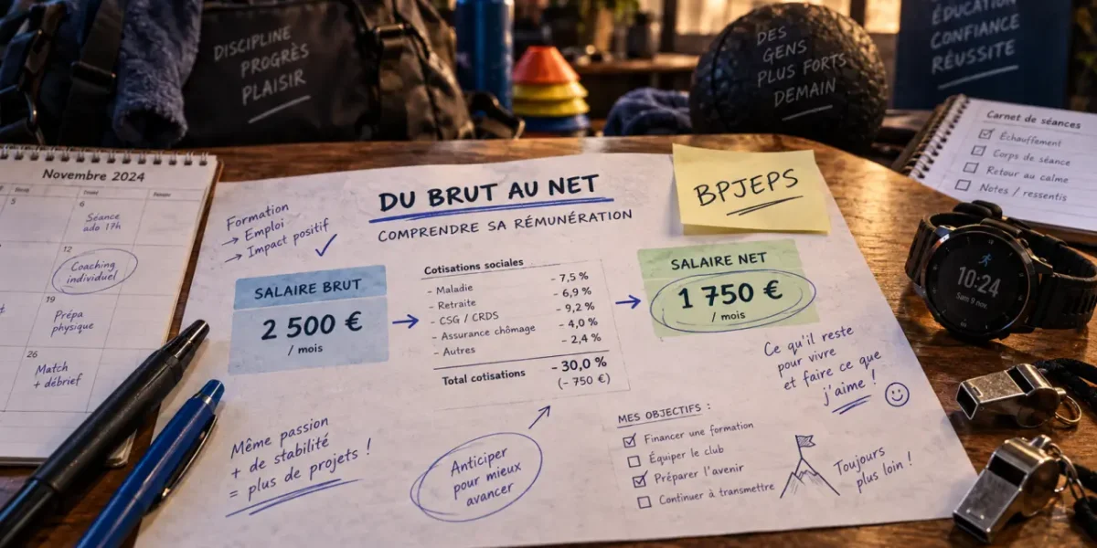 BPJEPS salaire net : 1 330 € net au départ, calcul brut vers net sur tableau.