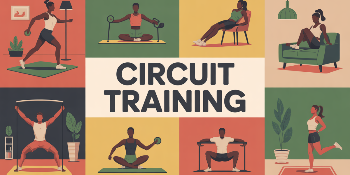 Scène de circuit training à domicile et extérieur, équipements simples