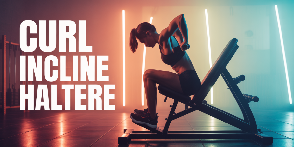 athlète effectue un curl incliné haltère sur banc, fond musculation