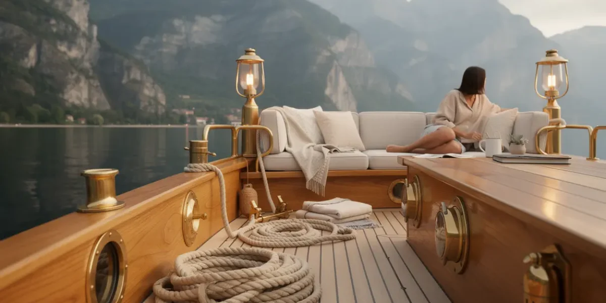 Décoration intérieure extérieure bateau de loisirs Rhône-Alpes, bois laiton textiles naturels