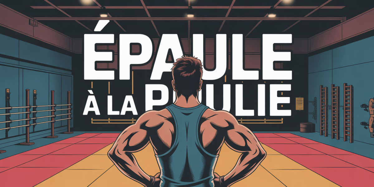 Illustration stylisée épaule à la poulie dans une salle de musculation