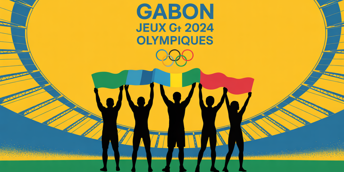Cinq sportifs gabonais brandissant le drapeau aux Jeux Olympiques 2024
