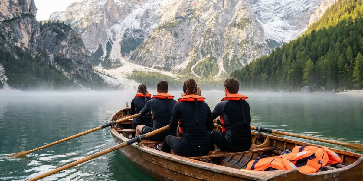 gilet de sauvetage visible sur rameurs aviron lac alpin