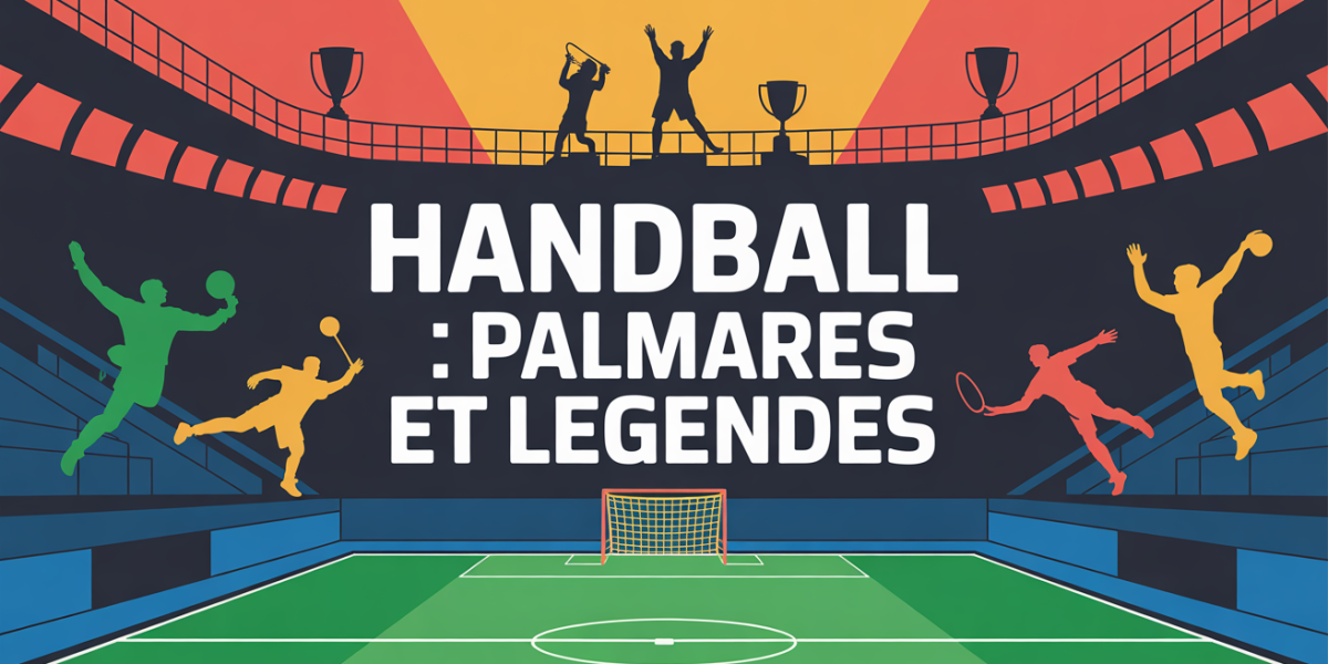 terrain de handball, trophées et joueurs en action
