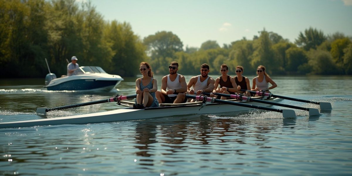 aviron : rameur en pleine action sur l'eau avec équipement complet