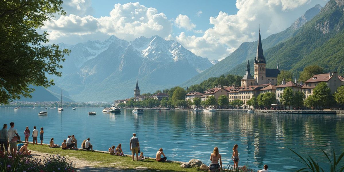 carte lac d'Annecy : illustration d'une carte topographique du lac d'Annecy avec ses sentiers et points d'intérêt