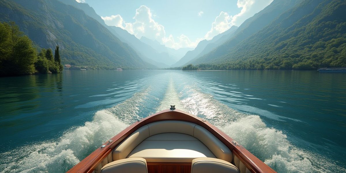 balade en bateau lac d'Annecy : bateau naviguant sur le lac d'Annecy avec montagnes en arrière-plan