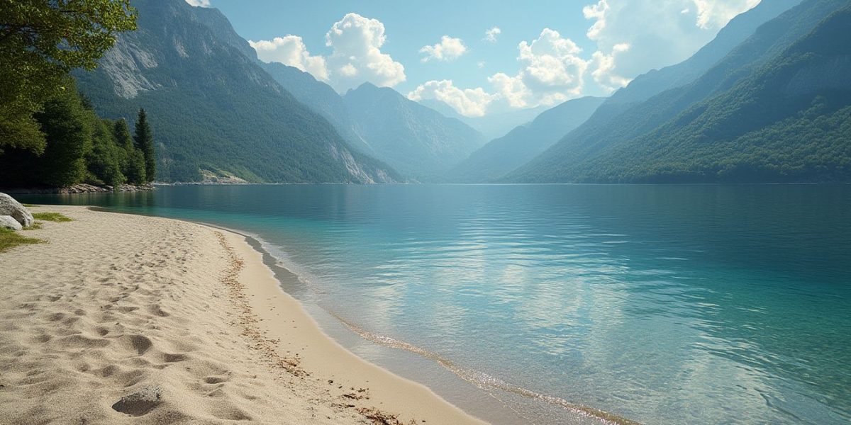 plages lac d'Annecy : vue panoramique d'une plage au bord du lac d'Annecy avec montagnes en arrière-plan