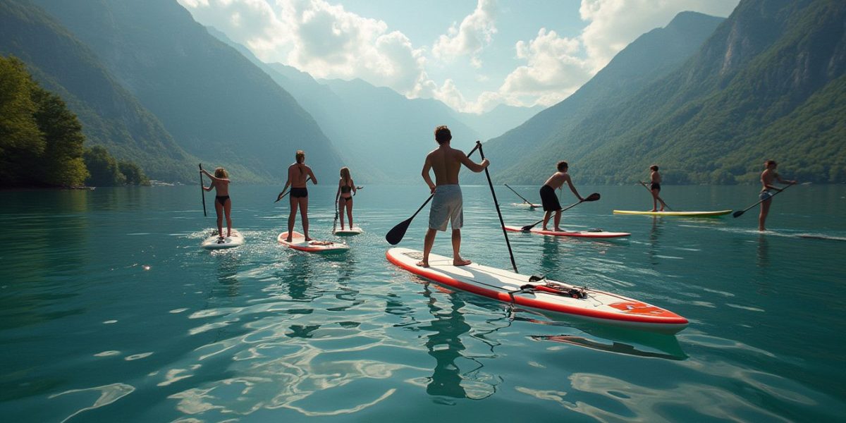 paddle lac d'Annecy : personne en paddle sur les eaux tranquilles du lac d'Annecy avec un paysage montagneux en arrière-plan