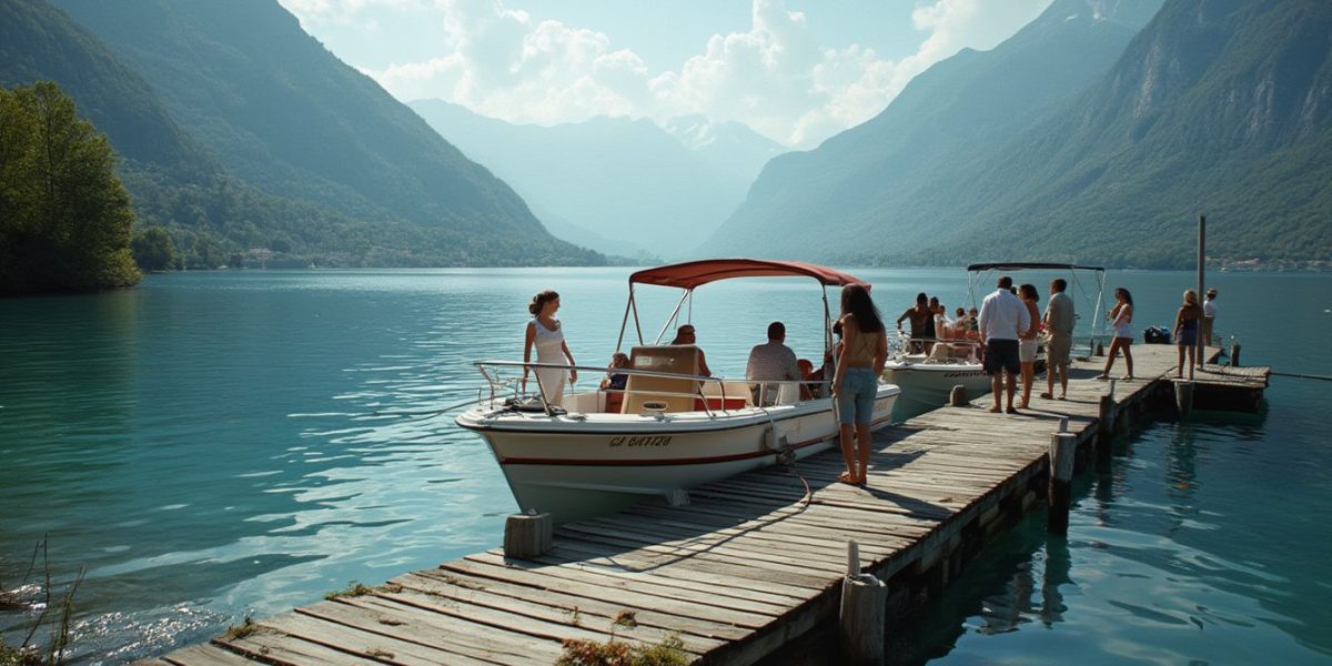 location bateau lac d’Annecy : bateau de location sur le lac d’Annecy avec montagnes en arrière-plan