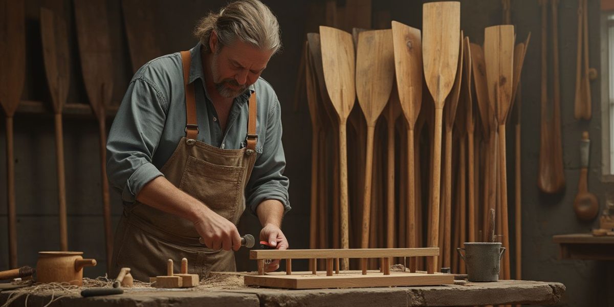 support pour rames : support en bois avec plusieurs rames rangées