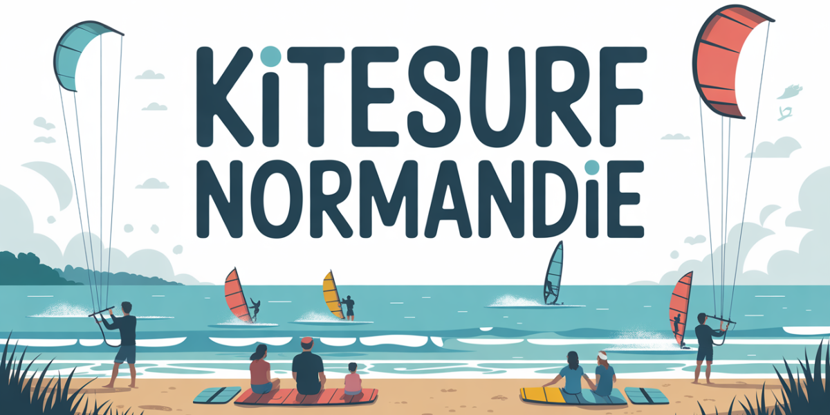 Plage de Normandie avec kitesurfeurs et familles, ambiance conviviale