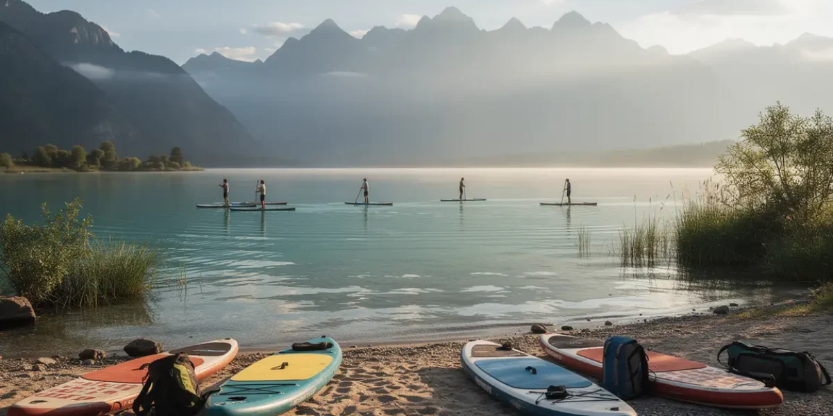 Lac d’Annecy avec paddles sur eaux turquoise paysages montagne