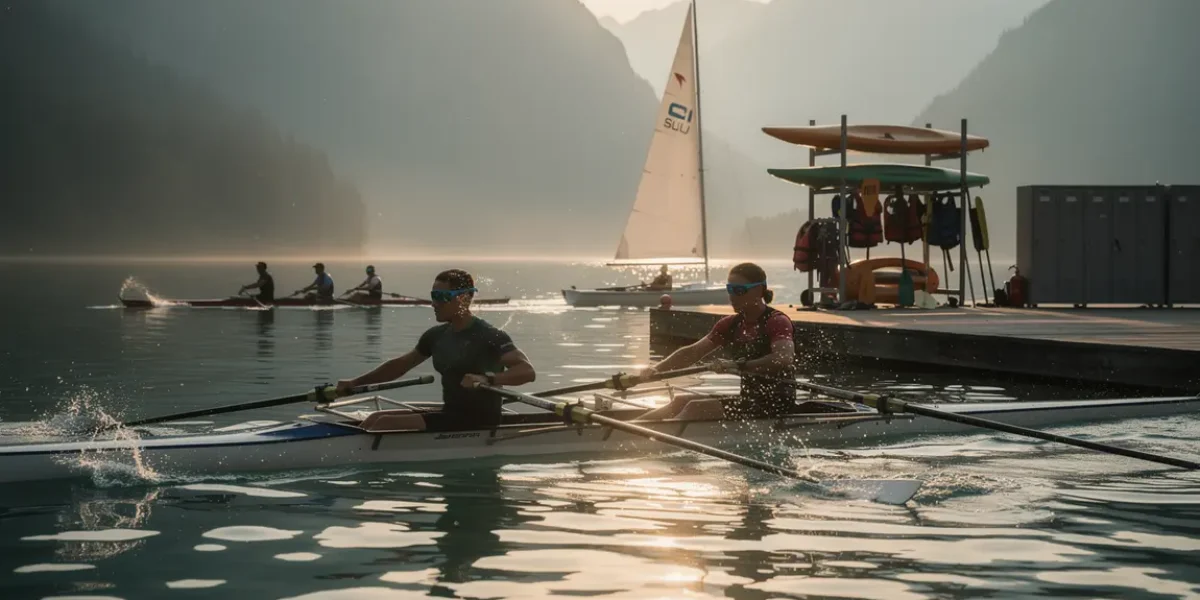 sportifs aviron voile lac avec lunettes aquatiques