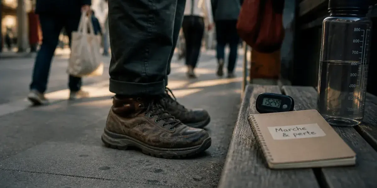 Marcher fait il maigrir : chaussures de marche et podomètre sur trottoir