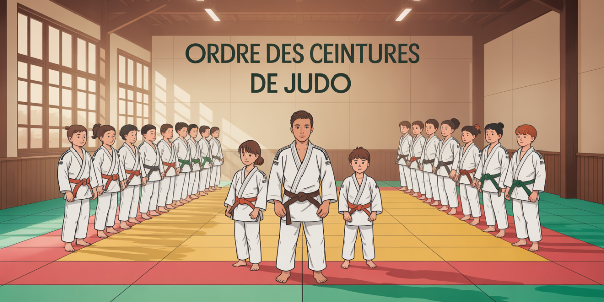 Dojo judo avec judokas tous grades, sur tatami, ordre des ceintures