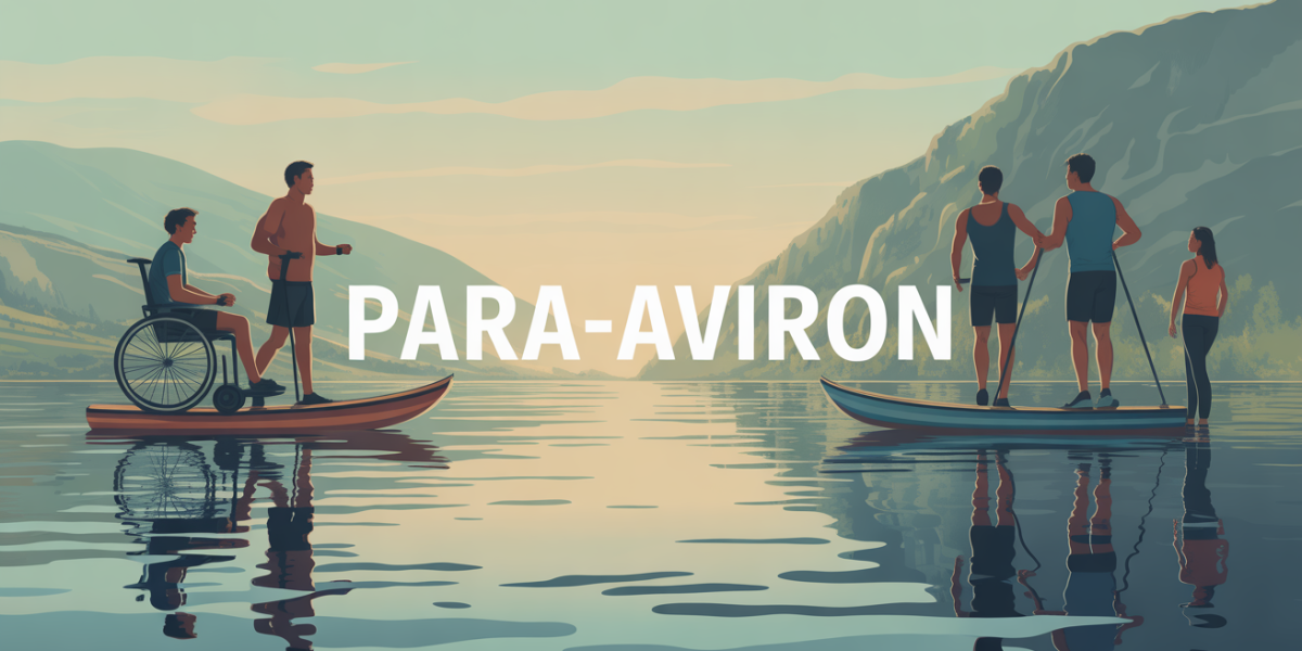 Illustration para-aviron sportifs fauteuil roulant et rameurs debout sur plan d'eau inclusif