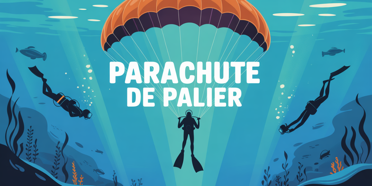 Illustration plongeur déployant parachute de palier orange sous l’eau