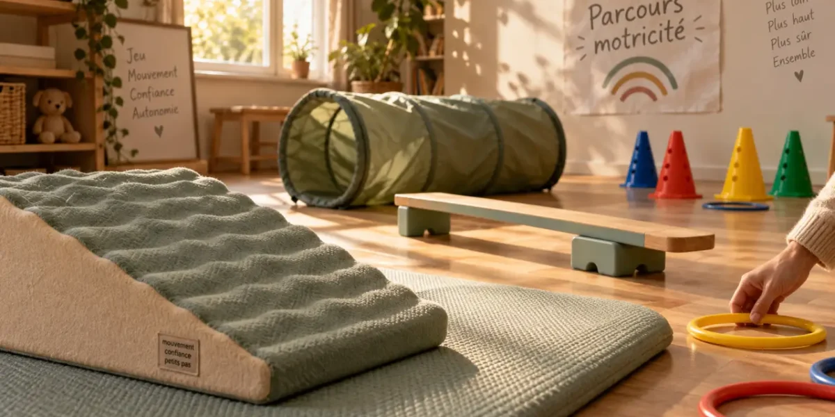 Parcours motricité en intérieur : tapis, planche d’équilibre et tunnel