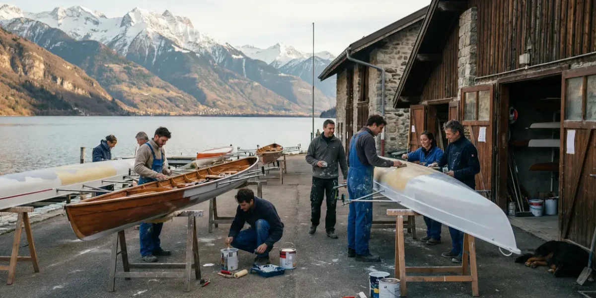 Club aviron Rhône-Alpes, peinture bateaux sur treteaux en montage