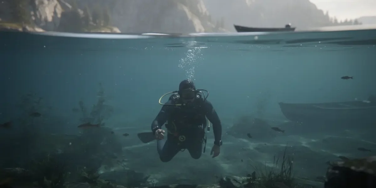 Plongeur équipé dans le lac d’Annecy, montagnes en fond
