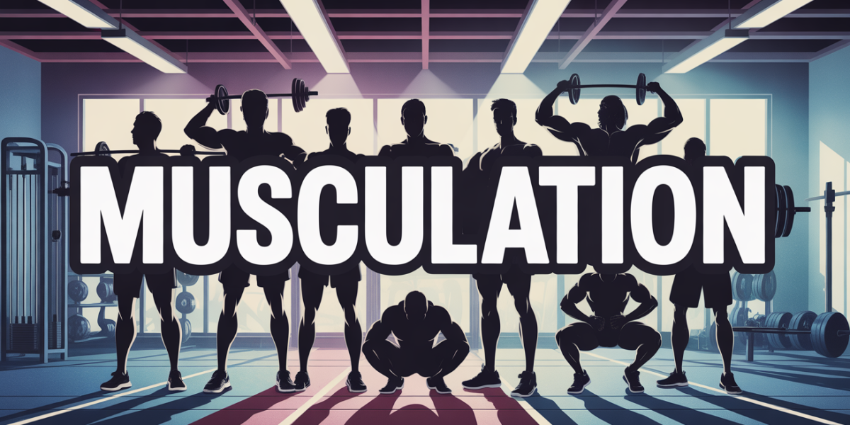 illustration salle sport musculation silhouettes haltères texte mot MUSCULATION
