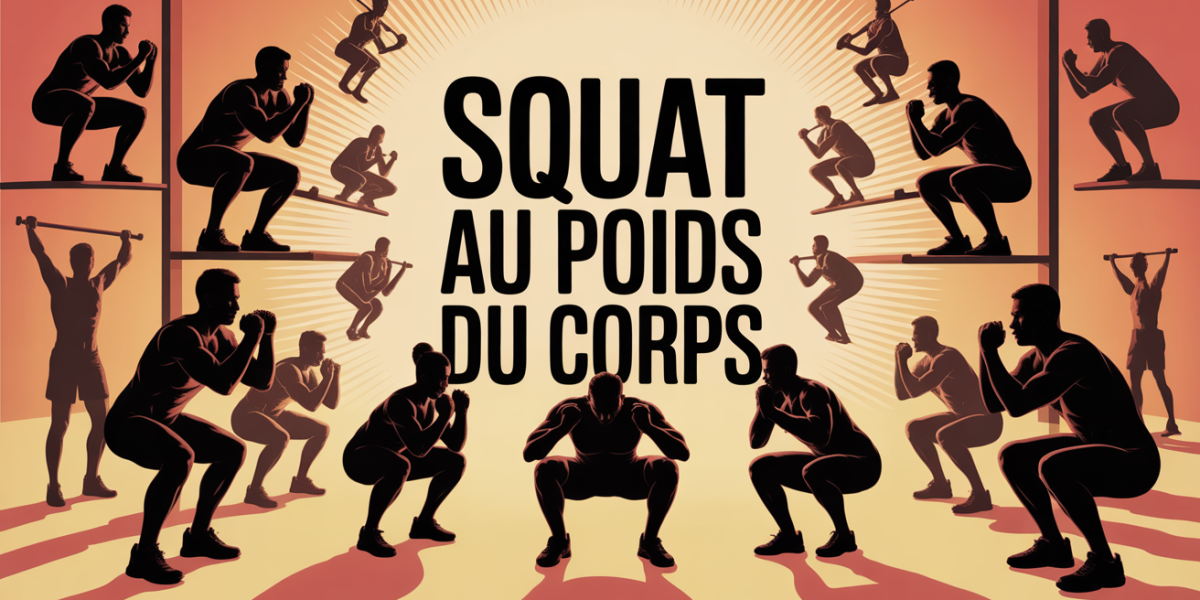 Silhouettes de tous âges réalisant un squat au poids du corps ambiance dynamique