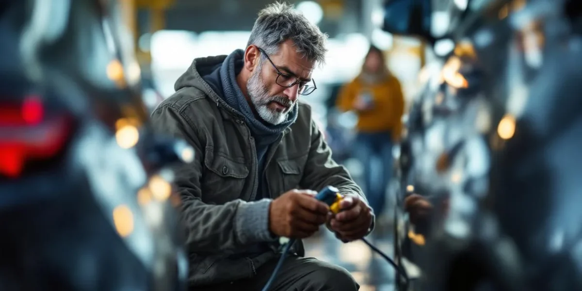 recharger batterie voiture : illustration d'une batterie de voiture en cours de recharge avec un chargeur et des cables