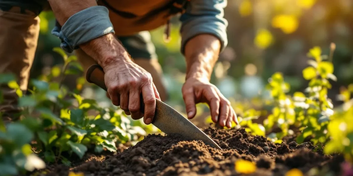 tassement manuel : jardinier utilisant un pilon pour tasser la terre