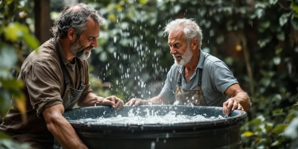récupérateur eau de pluie : système de récupération d'eau de pluie installé près d'une maison