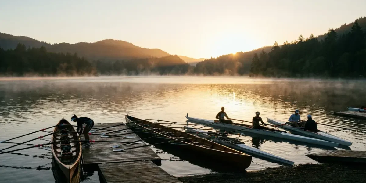 Bateaux aviron alignés lac Rhône-Alpes lever de soleil