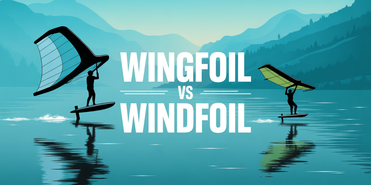 Silhouettes de riders en wingfoil et windfoil sur lac, ambiance dynamique